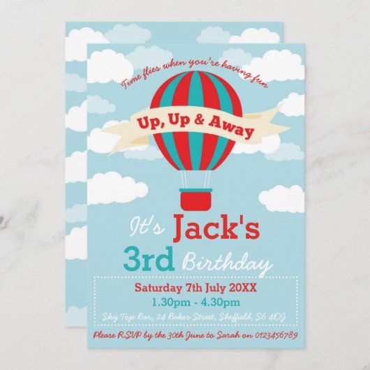 熱気球をテーマにした誕生日パーティーの招待 招待状 (正面/裏面)