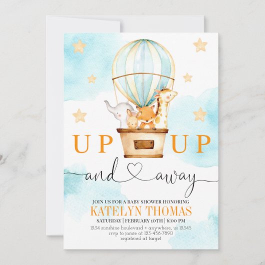 熱気球を上げて赤ちゃん遠くにシャワー 招待状 (正面)