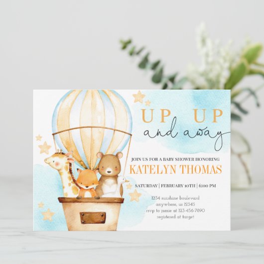 熱気球アップと男の子遠くにの赤ちゃんシャワー 招待状 (スタンド正面)