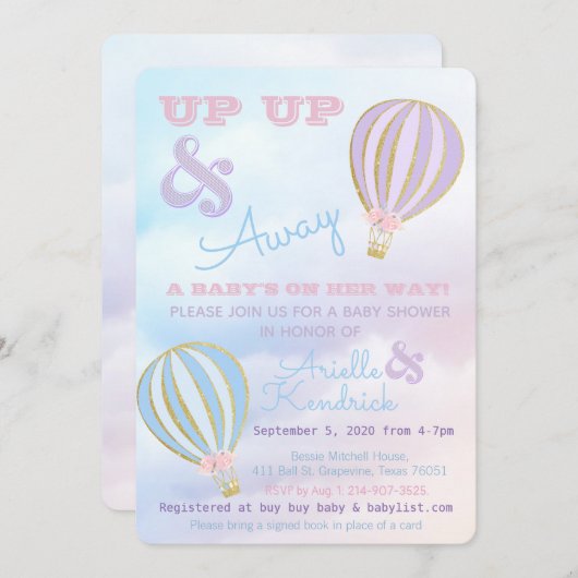 熱気球アップ&ベビー遠くにシャワー 招待状 (正面/裏面)