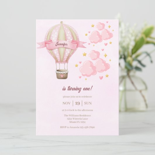 熱気球ガールピンク曇り1st誕生日パーティー 招待状 (スタンド正面)