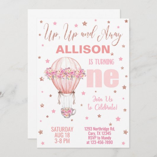 熱気球ガール1st最初の誕生日招待状。 招待状 (正面/裏面)