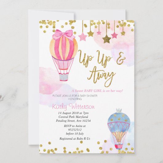 熱気球グリッタースターガールベビーシャワー 招待状 (正面)