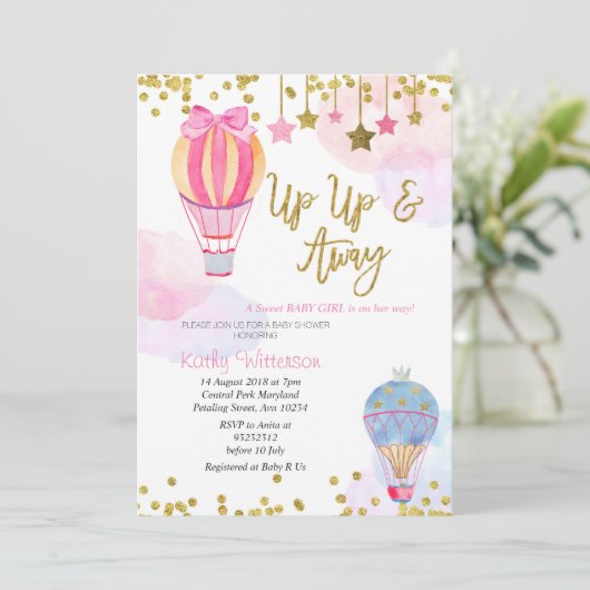 熱気球グリッタースターガールベビーシャワー 招待状 (スタンド正面)