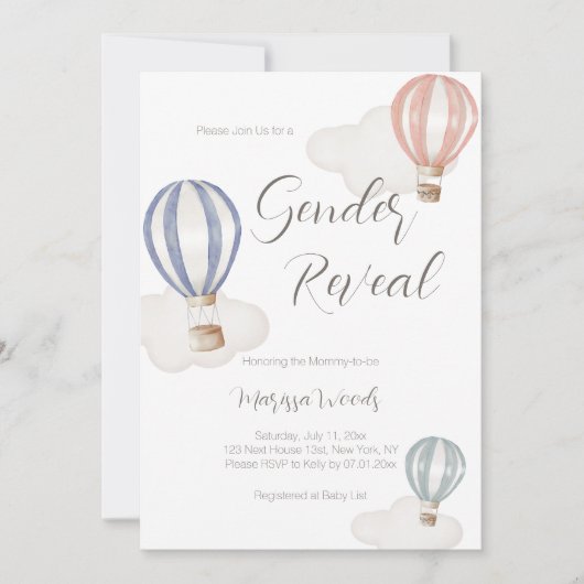 熱気球ジェンダーがパステルカラーを明らかにする 招待状 (正面)