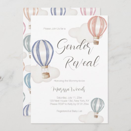 熱気球ジェンダーがパステルカラーを明らかにする 招待状 (正面/裏面)