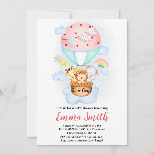 熱気球ジャングル動物の赤ちゃんシャワーが侵入 招待状 (正面)