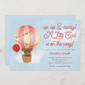 熱気球テディベアピンク赤ちゃんシャワー 招待状 (正面/裏面)