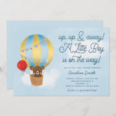 熱気球テディベアブルーベビーシャワー 招待状 (正面/裏面)