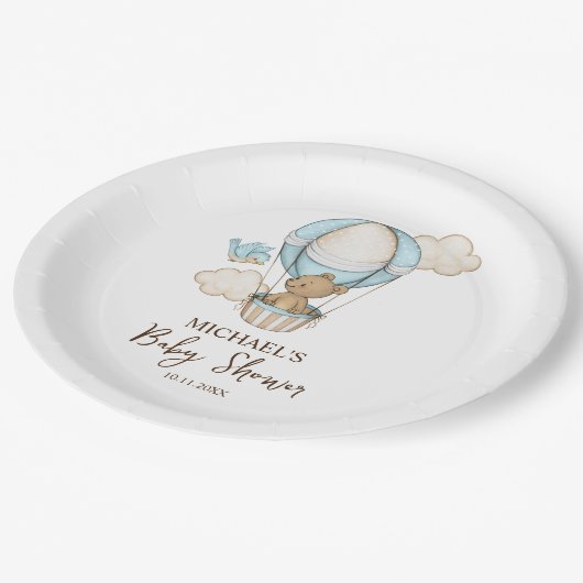 熱気球テディベア雲の鳥の赤ちゃんシャワー ペーパープレート (アングル)