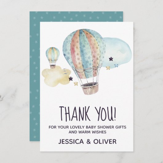 熱気球パーティー(青サンキューカード) 招待状 (正面/裏面)