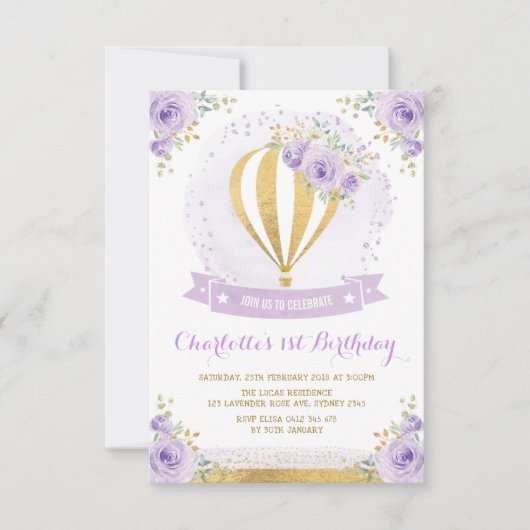 熱気球パープル金ゴールドフローラ1st誕生日 招待状 (正面)