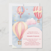 熱気球ピンクの女の子ベビーシャワー 招待状 (正面)