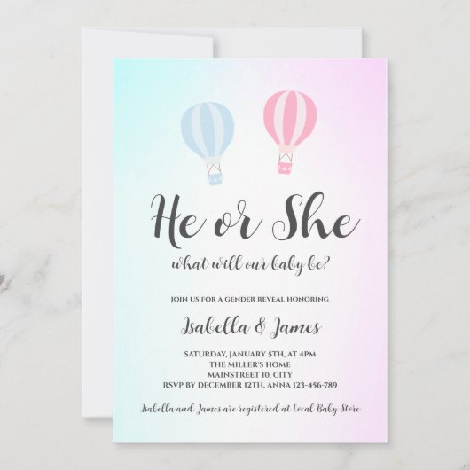 熱気球ピンクブルーかわいいジェンダーの明け方 招待状 (正面)