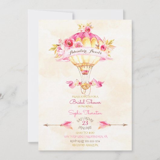 熱気球ピンク金ゴールド黄色の矢印バラ 招待状 (正面)