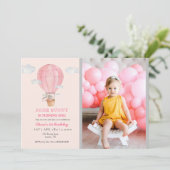 熱気球ピンク1歳の誕生日にバニー 招待状 (スタンド正面)