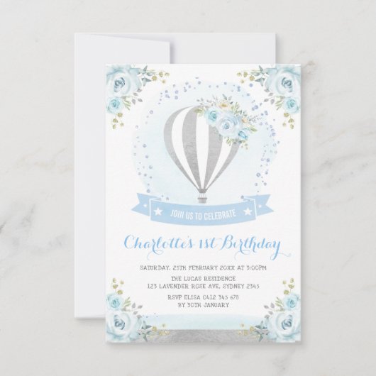 熱気球ブルーシルバーフローラ1歳の誕生日 招待状 (正面)