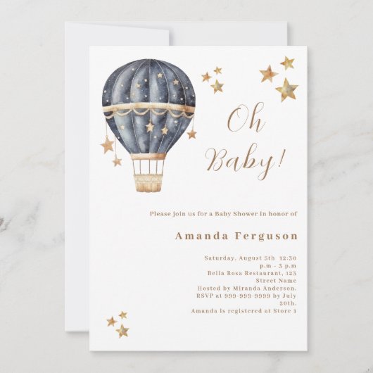 熱気球ブルーボーイスター赤ちゃんシャワー 招待状 (正面)