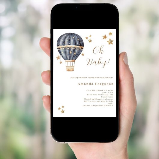 熱気球ブルーボーイスター赤ちゃんシャワー 招待状