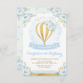 熱気球ブルー金ゴールドフローラバラ1日 招待状 (正面/裏面)