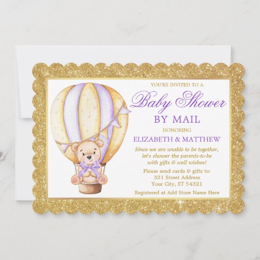 熱気球ベアグリッター紫シャワーバイメール 招待状 (正面)