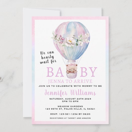 熱気球ベアーガールベイビーシャワー招待 招待状 (正面)