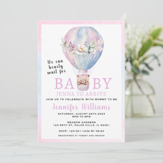 熱気球ベアーガールベイビーシャワー招待 招待状 (スタンド正面)