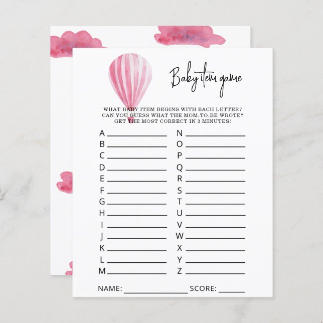 熱気球ベビーアイテムゲーム。赤ちゃんシャワーゲーム (正面/裏面)