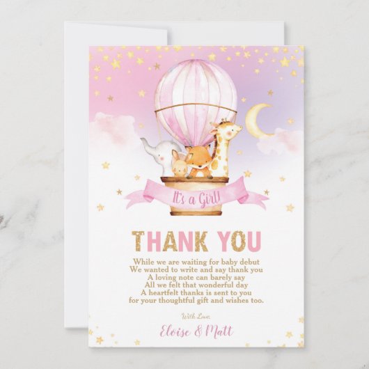 熱気球ベビーシャワージャングル動物ガール サンキューカード (正面)