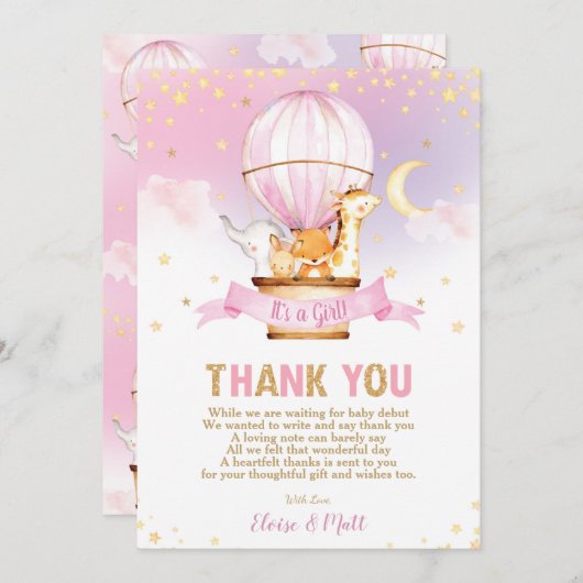 熱気球ベビーシャワージャングル動物ガール サンキューカード (正面/裏面)