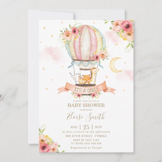 熱気球ベビーシャワージャングル動物ガール 招待状 (正面)