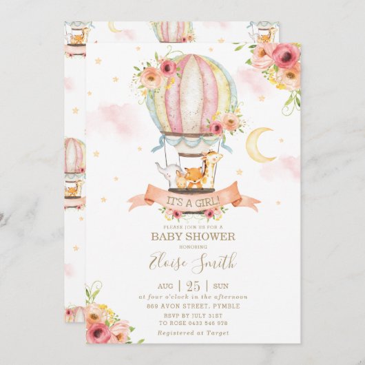 熱気球ベビーシャワージャングル動物ガール 招待状 (正面/裏面)