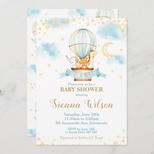 熱気球ベビーシャワージャングル動物ボーイ 招待状 (正面/裏面)