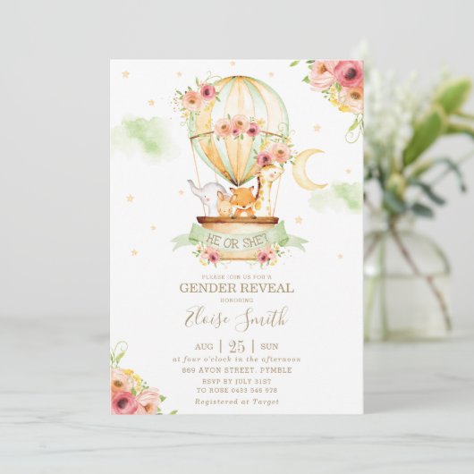 熱気球ベビーシャワー動物の性別を明らかにする 招待状 (スタンド正面)