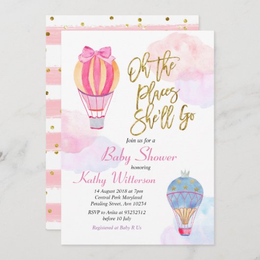 熱気球ベビーシャワー招待状ガール 招待状 (正面/裏面)