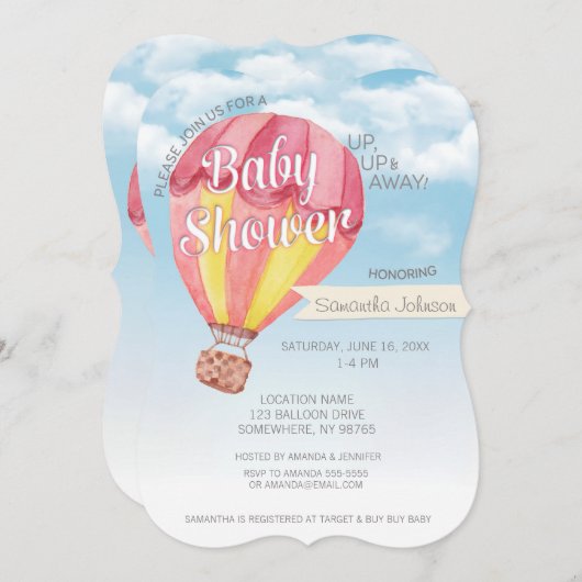 熱気球ベビーシャワー – 赤と黄色のニュートラル 招待状 (正面/裏面)