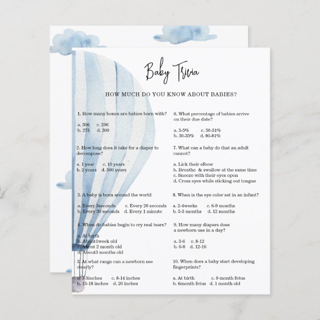 熱気球ベビートリビア |赤ちゃんシャワーゲーム (正面/裏面)