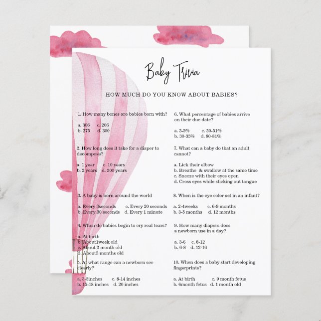 熱気球ベビートリビア |赤ちゃんシャワーゲーム (正面/裏面)