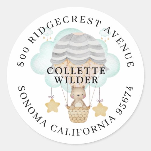熱気球ベビーベアシャワー差出人住所 ラウンドシール (正面)