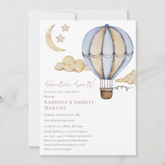 熱気球ホワイトアドベンチャーが赤ちゃんシャワーを待つ 招待状 (正面)