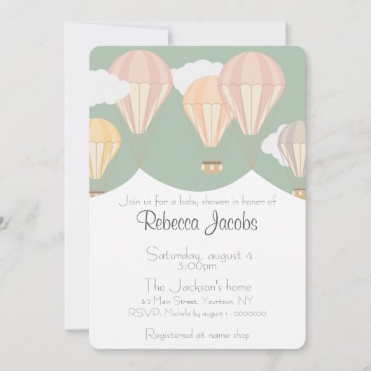 熱気球付き赤ちゃんガーリーシャワー招待状 招待状 (正面)