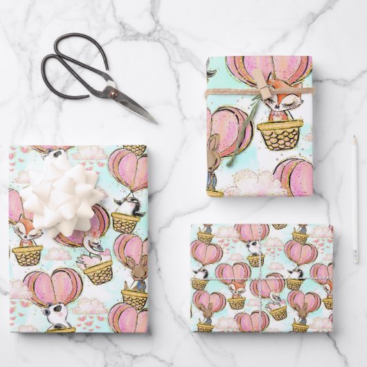 熱気球動物バレンタインデー ラッピングペーパーシート (正面)