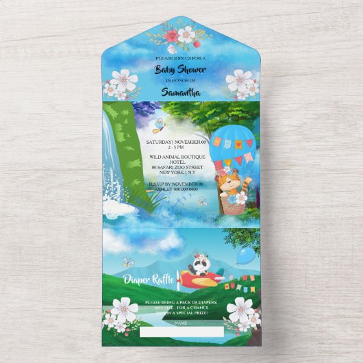 熱気球動物パイロット機少年パーティー オールインワン招待状 (内側)