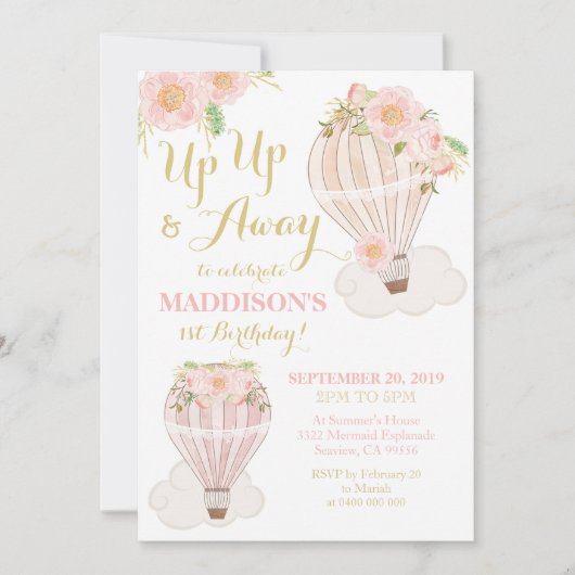 熱気球招待状ガール1歳誕生日 招待状 (正面)