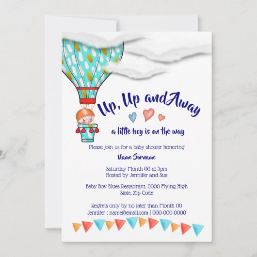 熱気球男の子赤ちゃんがかわいい旅のパーティー 招待状 (正面)