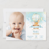 熱気球誕生日かわいいジャングル動物の写真 招待状 (正面)