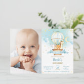 熱気球誕生日かわいいジャングル動物の写真 招待状 (スタンド正面)