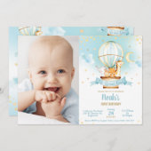 熱気球誕生日かわいいジャングル動物の写真 招待状 (正面/裏面)