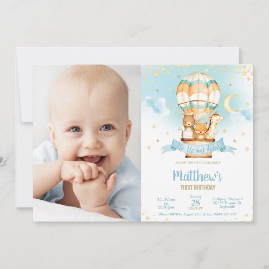 熱気球誕生日かわいい赤ちゃん動物写真 招待状 (正面)