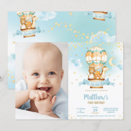 熱気球誕生日かわいい赤ちゃん動物写真 招待状